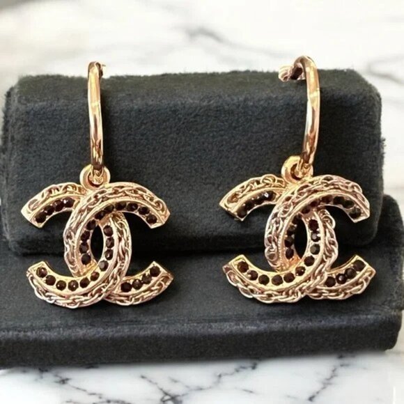 Chanel Gold Chain and Black Strauss Rhinestones Hoop Earrings - Picture 7 of 8
